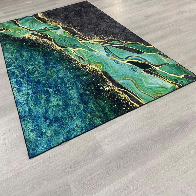 Alfombra verde esmeralda, alfombra de mármol, alfombra de mármol dorado, alfombra de área, alfombra abstracta, alfombra de piso, alfombra decorativa para el hogar, alfombra decorativa, alfombra de piso para interiores imagen 2
