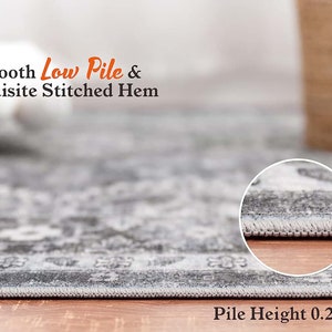 May include: Close-up of a gray area rug with a detailed pattern. The rug has a low pile and a stitched hem. The text "Smooth Low Pile & Exquisite Stitched Hem" is visible above the rug. The text "Pile Height 0.2 inch" is visible below the rug.