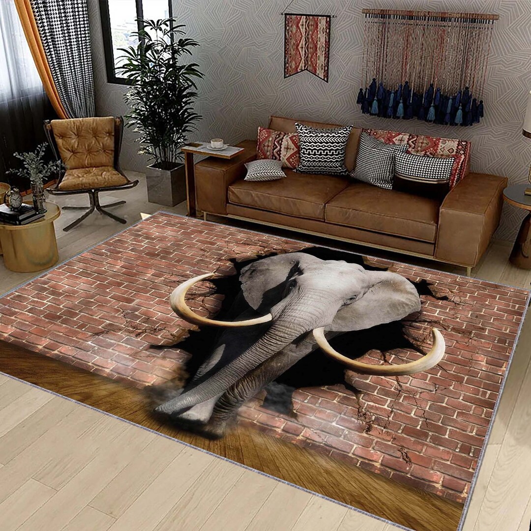 Elephant Rug, Elephant Decor Crack Wall Rug, Animal Rug, 3d Effect Rug ...