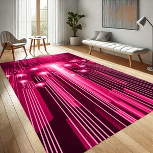 Puede incluir: Una alfombra rectangular con un vibrante diseño de placa de circuito rosa. La alfombra presenta una red de líneas y nodos brillantes, creando una estética moderna inspirada en la tecnología. La paleta de colores incluye tonos de rosa y magenta.