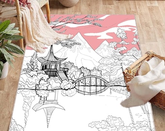 Tappeto giapponese con paesaggio: decorazione artistica minimalista, tappeto lavabile per interni