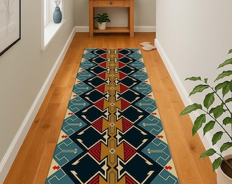 Tribal Runner Rug, Boho Floor Mat, Aztec Entry Rug, Ethnic Long Rug, Geometric Carpet, Hallway Runner, Native Rug Decor, Modern Boho Rug
