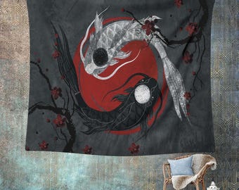Tapiz de peces koi Yin Yang, tapiz redondo de peces koi, decoración japonesa de koi, decoración espiritual para el hogar, tapiz bohemio, tapiz de peces koi, tapiz de ambiente tranquilo