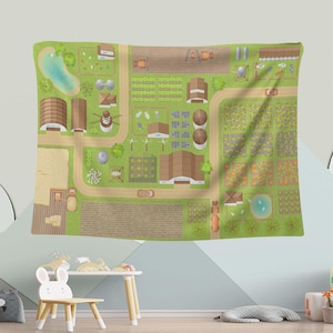 Farm Spielteppich für Kinder, pädagogisch wertvolle Wandbehang, Interaktive Farm Karte Teppich, Traktor und Tiere, Wandteppich, lebendige grüne Landschaft