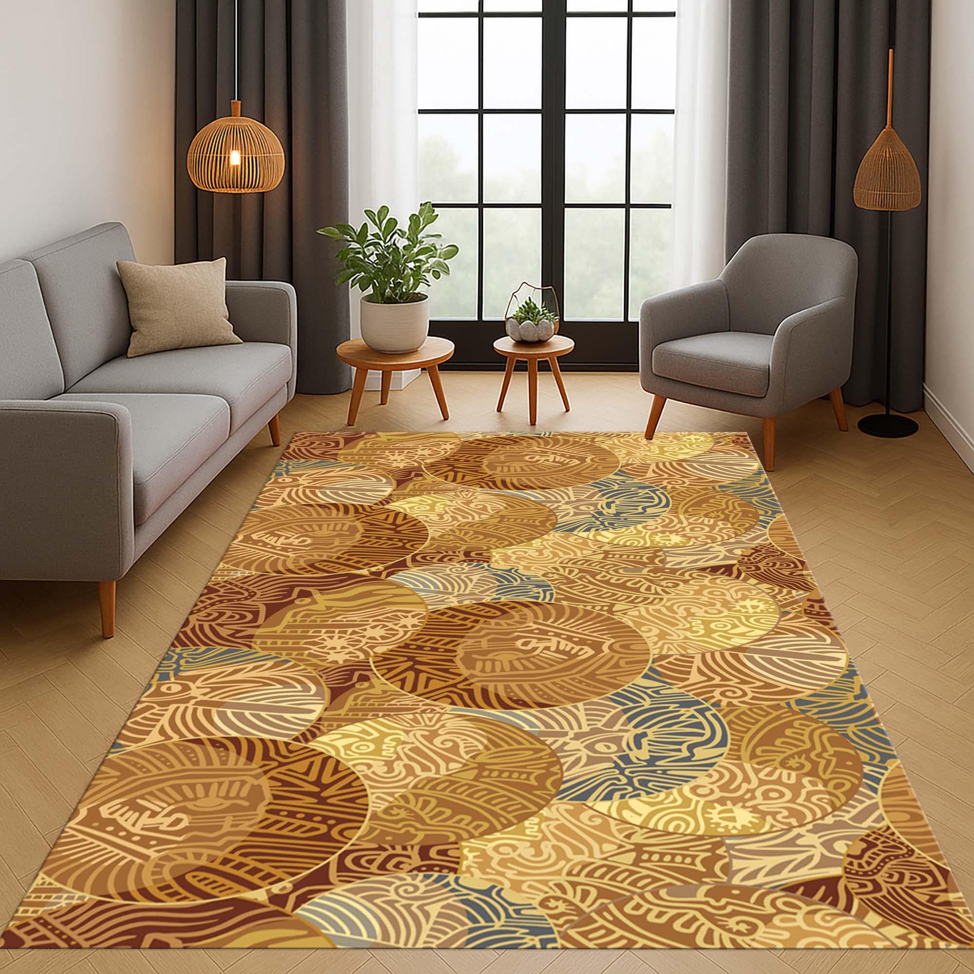 ボヘミアン トライバル アース トーン ラグ、抽象的なフロアマット