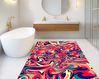 Abstract Bath Rug, Colorful Bathroom Mat, Swirl Pattern Rug, Modern Floor Mat, Retro Bathroom Decor, Artistic Bath Mat, Vibrant Rug