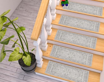 Gradino bianco sbiadito, tappeto per gradini, gradino, tappeto bianco con motivi, tappeti speciali per la tua casa, tappeto per gradini di design