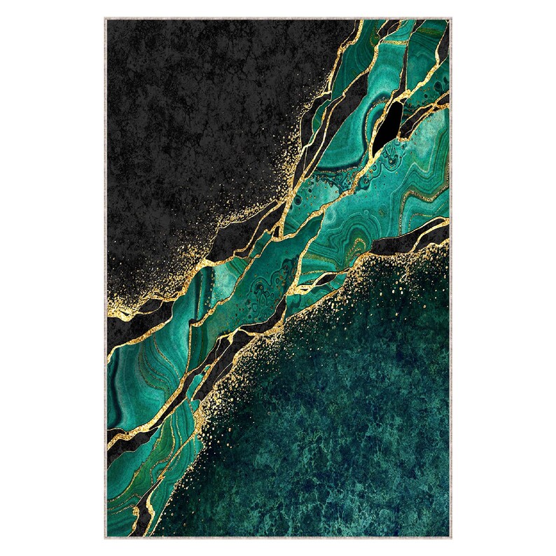 Puede incluir: Impresi&oacute;n de arte abstracto con un dise&ntilde;o de m&aacute;rmol verde y dorado. El fondo es de color verde oscuro con acentos de purpurina dorada.