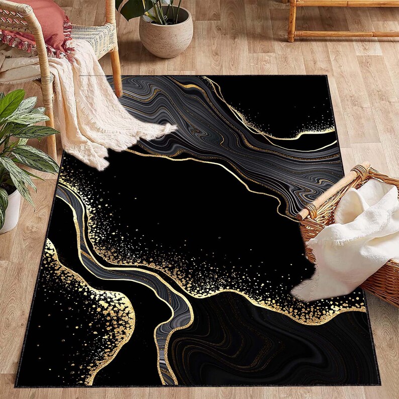 Marble Rug Pattern Designs Marble Rug, Black Gold Colour Marble Rug, Abstract Colorful Rug, Living ...