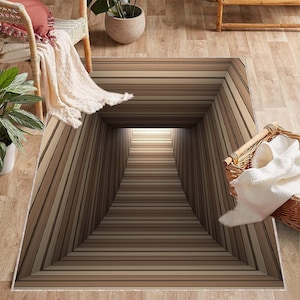 Op de afbeelding: Een bruin en beige gestreept tapijt met een 3D-optische illusie van een tunnel. De tunnel heeft een licht aan het einde.