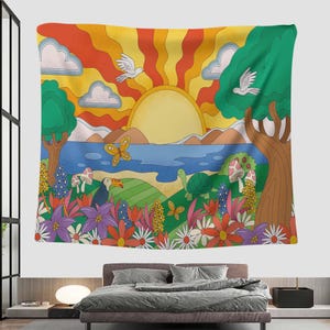サンセットタペストリー、カラフルな壁掛け、ボヘミアン風自然装飾、レトロな壁アート、ひまわり、ヒッピータペストリー、木と太陽のデザイン、漫画風自然装飾