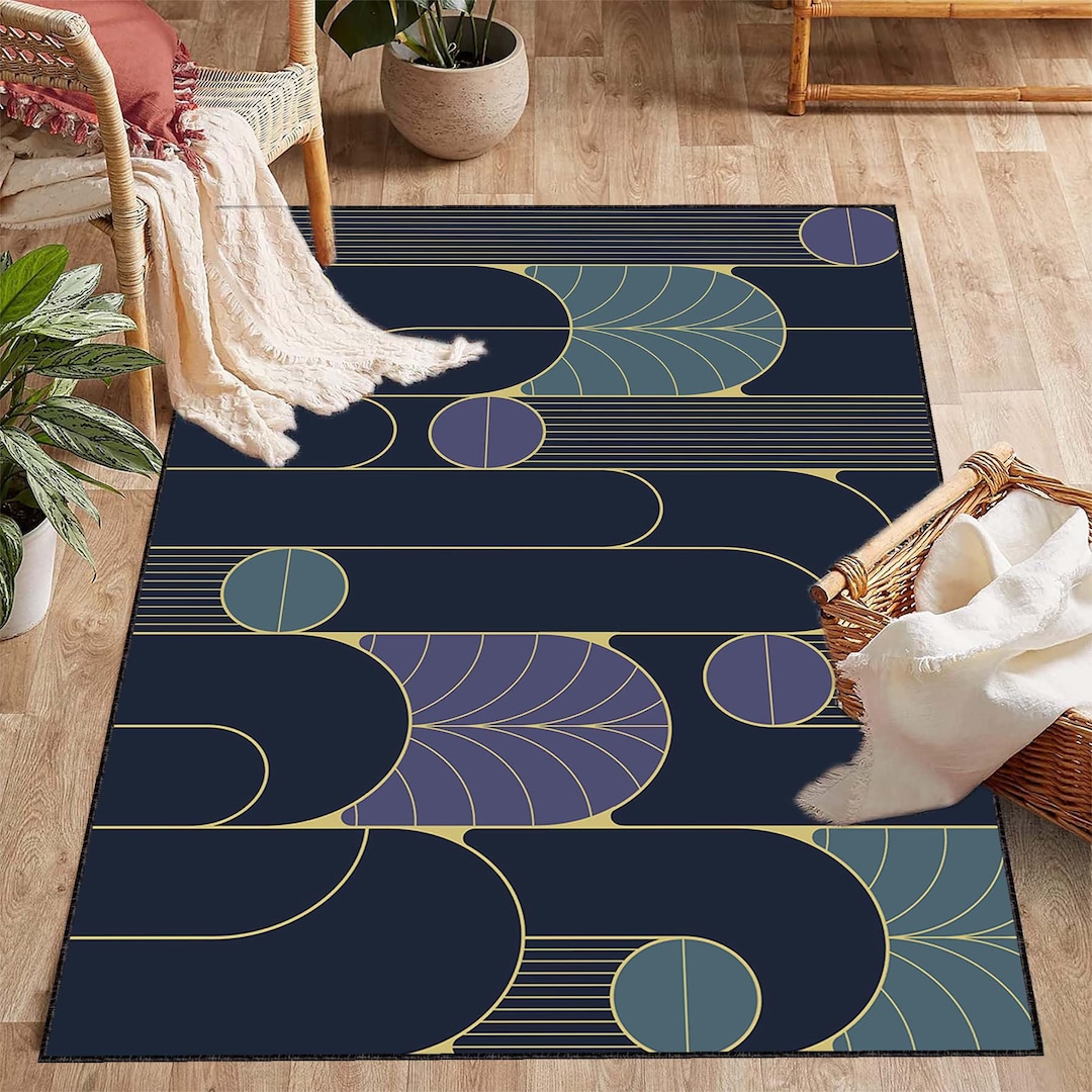 Flat Design Art Deco, Art Deco Style Area Rug, Golden Elements Print