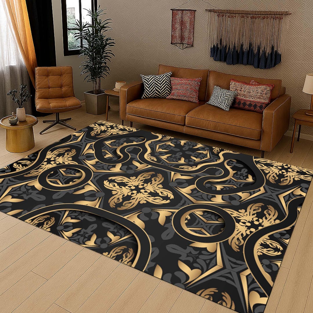 Round Baroque Rug Luxury Gold Rug, Baroque Style Rug, Elegant Floor Mat, Glam Room Decor ...