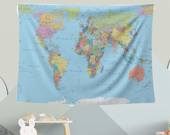 Arazzo con mappa del mondo: stampa di atlante didattico, decorazione da esploratore