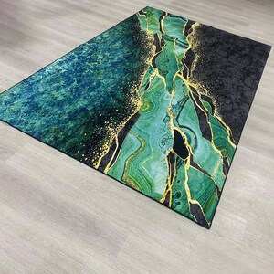 Alfombra verde esmeralda, alfombra de mármol, alfombra de mármol dorado, alfombra de área, alfombra abstracta, alfombra de piso, alfombra decorativa para el hogar, alfombra decorativa, alfombra de piso para interiores imagen 4