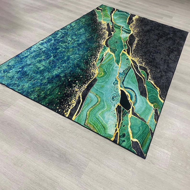 Alfombra verde esmeralda, alfombra de mármol, alfombra de mármol dorado, alfombra de área, alfombra abstracta, alfombra de piso, alfombra decorativa para el hogar, alfombra decorativa, alfombra de piso para interiores imagen 4