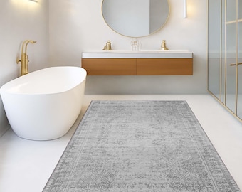 Floral Gray, Distressed Oriental ,Classic Rug, Bath Mat Decor