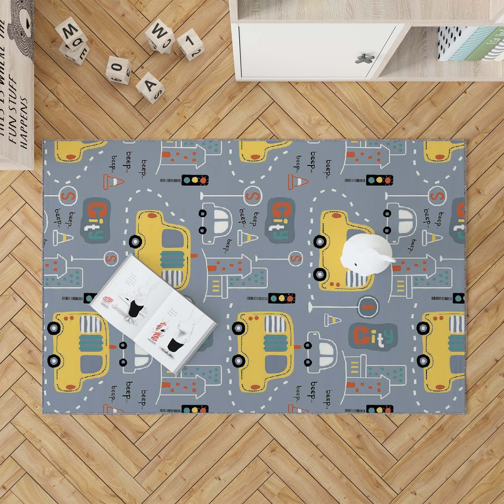 Bus Patterned Rug, Kids Play Area Rug, Road Playroom Rug, Bus Activity ...