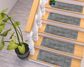 Anthracite Stair Rug, Stair Treads Rug, Black and White Boho Style Stair Rug, Cool Stair Tread Carpet, Aesthetic Step Mat