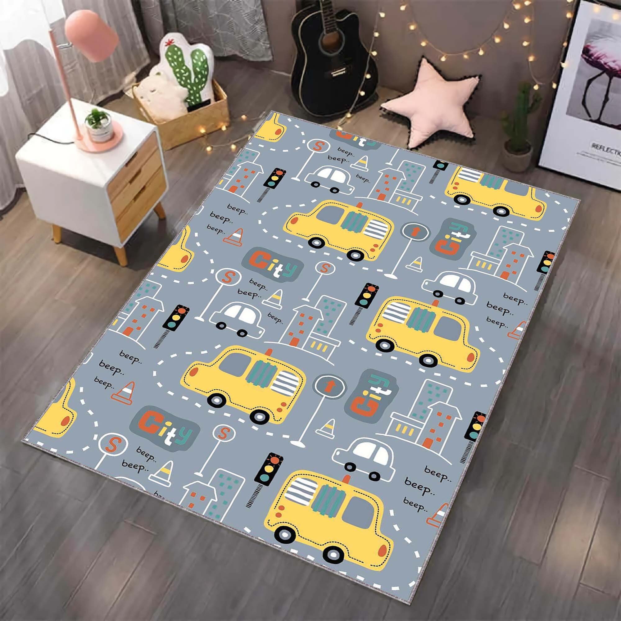 Bus Patterned Rug, Kids Play Area Rug, Road Playroom Rug, Bus Activity ...