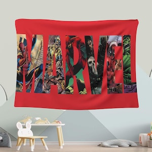 May include: A red tapestry with the word "MARVEL" spelled out in large letters. The letters are made up of images of various Marvel characters, including Spider-Man, Iron Man, Captain America, and Thor.