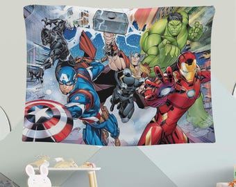 Avengers Wall Tapestry, Superhero Decor,Kids Room Wall Art,Comic Book Hero Decor,Thor Captain America Ironman Hulk,Action Hero Wall Hanging