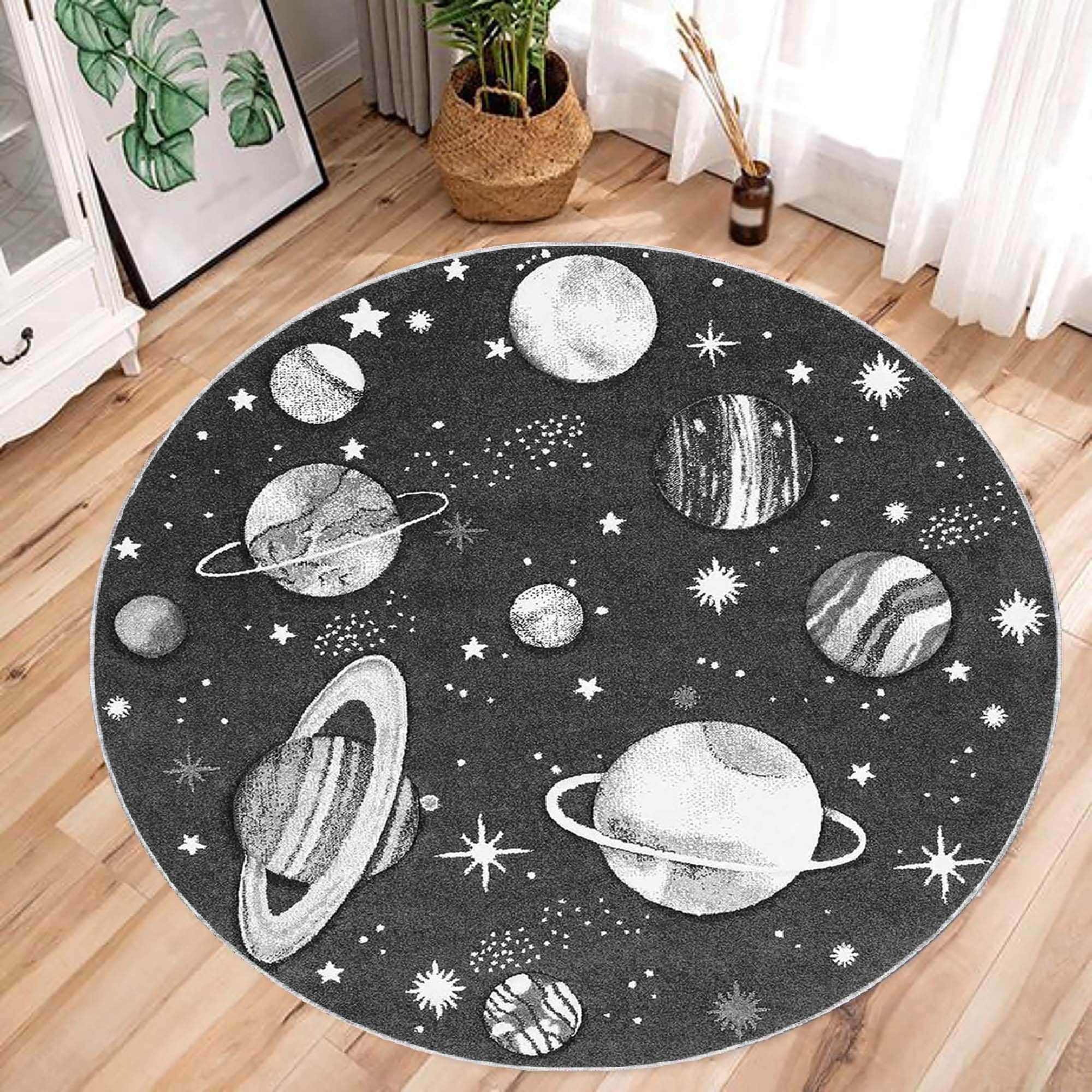 Tappeto rotondo RealHomes Space, tappeto da pavimento Planet, tappeti circolari antiscivolo, tappetino antiscivolo Rocket, tappeti per la matematica,