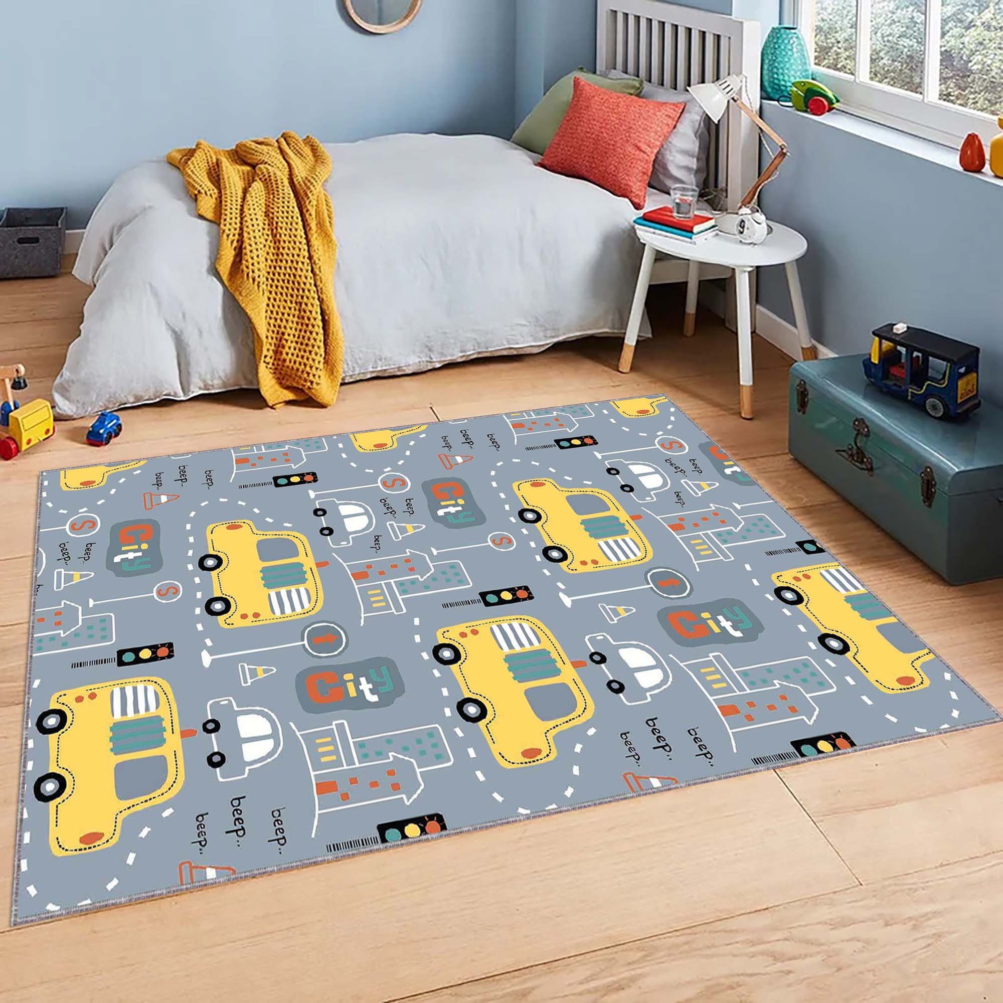 Bus Patterned Rug, Kids Play Area Rug, Road Playroom Rug, Bus Activity ...