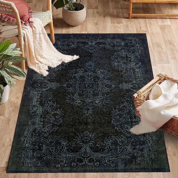 Tapis de couleur noire, tapis de style vintage, tapis oriental, tapis bohème esthétique, tapis tribal de salon et chambre à coucher, grand tapis