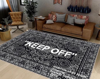 May include: Black and white patterned rug with the text "KEEP OFF" in white. The rug has a traditional design with a border and intricate details.