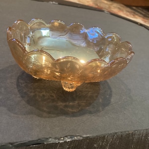 Vintage floragold, peach carnival glass Oval footed, scalloped rim candy dish