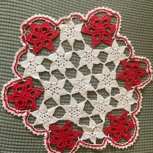 Vintage handmade crocheted red and white star flower doily 16 inches round