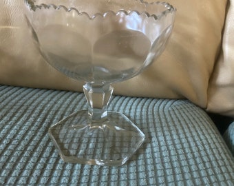 May include: A clear, vintage-style glass dessert dish with a scalloped rim. The bowl has a faceted design and sits atop a hexagonal base connected by a stem. The glass is transparent, allowing light to pass through.