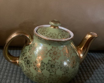 Vintage hall 2 cup chartreuse teapot with gilded gold flowers