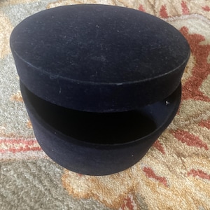 vintage black velvet round lidded stash box 5.75” diameter by 3.25” tall