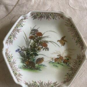 May include: White, hexagonal decorative plate with a gold rim. The plate features a detailed illustration of birds, flowers, and foliage in shades of brown, green, and orange. The border has a repeating pattern of leaves and pink flowers.