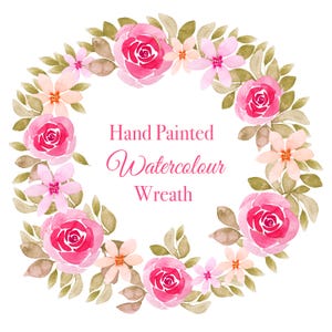 Watercolor Floral Wreath Clipart: Hand-Painted Pink Roses (PNG File)