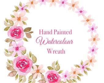 Hand Drawn Clipart - Watercolor Floral Wreath Clipart, White and Pink ...