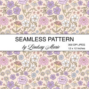 Pastel Floral Garden Seamless Pattern: Fabric Design Tile (Digital Download 12x12in JPEG)