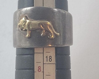 Vintage 18k Yellow Gold 750 And 925 Sterling Silver Lion Pinky Ring Size 7