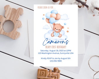 Beary First Birthday Invitation, First Birthday,  Blue, Teddy Bear Birthday Invite, Editable Template, Printable, Instant Download