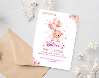Invitation premier anniversaire Beary, premier anniversaire, rose, invitation anniversaire ours en peluche, modèle modifiable, imprimable, téléchargement immédiat