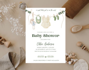 A Sweet Baby Girl is on the Way Shower Invitation, Baby Shower, Baby Shower Invitation, Clothesline, Editable Template,  Instant Download