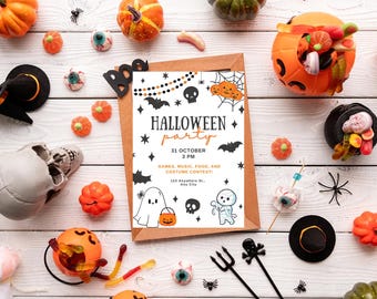 Peut inclure: Une invitation à une fête d'Halloween avec une illustration en noir et blanc d'un fantôme, d'une chauve-souris et d'une araignée. L'invitation est sur un fond blanc avec des accents orange et noir. Le texte sur l'invitation indique "Halloween party", "31 octobre", "15h", "Jeux, musique, nourriture et concours de costumes", "123 Anywhere St.", et "Any City".