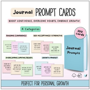 Tarjetas con indicaciones para el diario que fomentan la confianza y el amor propio, con tarjetas de afirmación para su diario de terapia personal