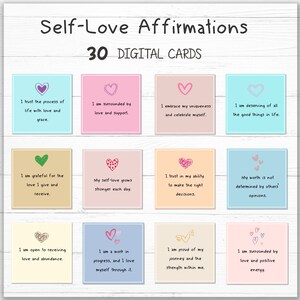 Cartões de afirmação positiva: adesivos digitais de amor-próprio para Goodnotes, autocuidado diário, suporte de confiança