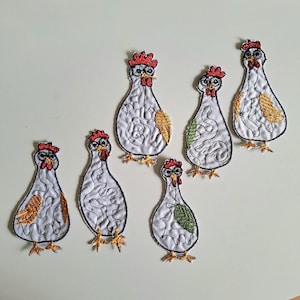 Funny White Chicken 6 pcs Embroidered Patches Set, Weird Bird, Crazy Rooster Badge for Jacket Jeans Backpack, Cute Quirky Animal Applique