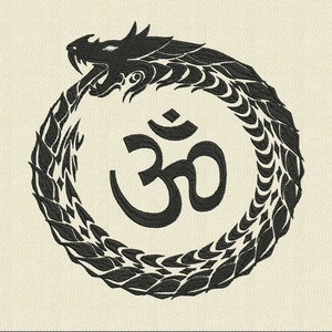 May include: Black and white illustration of a dragon curled into a circle around the Om symbol.
