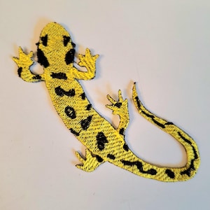 May include: An embroidered patch in the shape of a lizard, featuring a bright yellow base color with distinct black spots and markings distributed across its head, body, limbs, and long curved tail, showcasing detailed thread stitching.