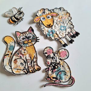 Cute Animal Patches Set, Embroidered Cat Sheep Mouse Bee Applique, Whimsical Craft Sewing Supplies for Jackets Bags Clothes